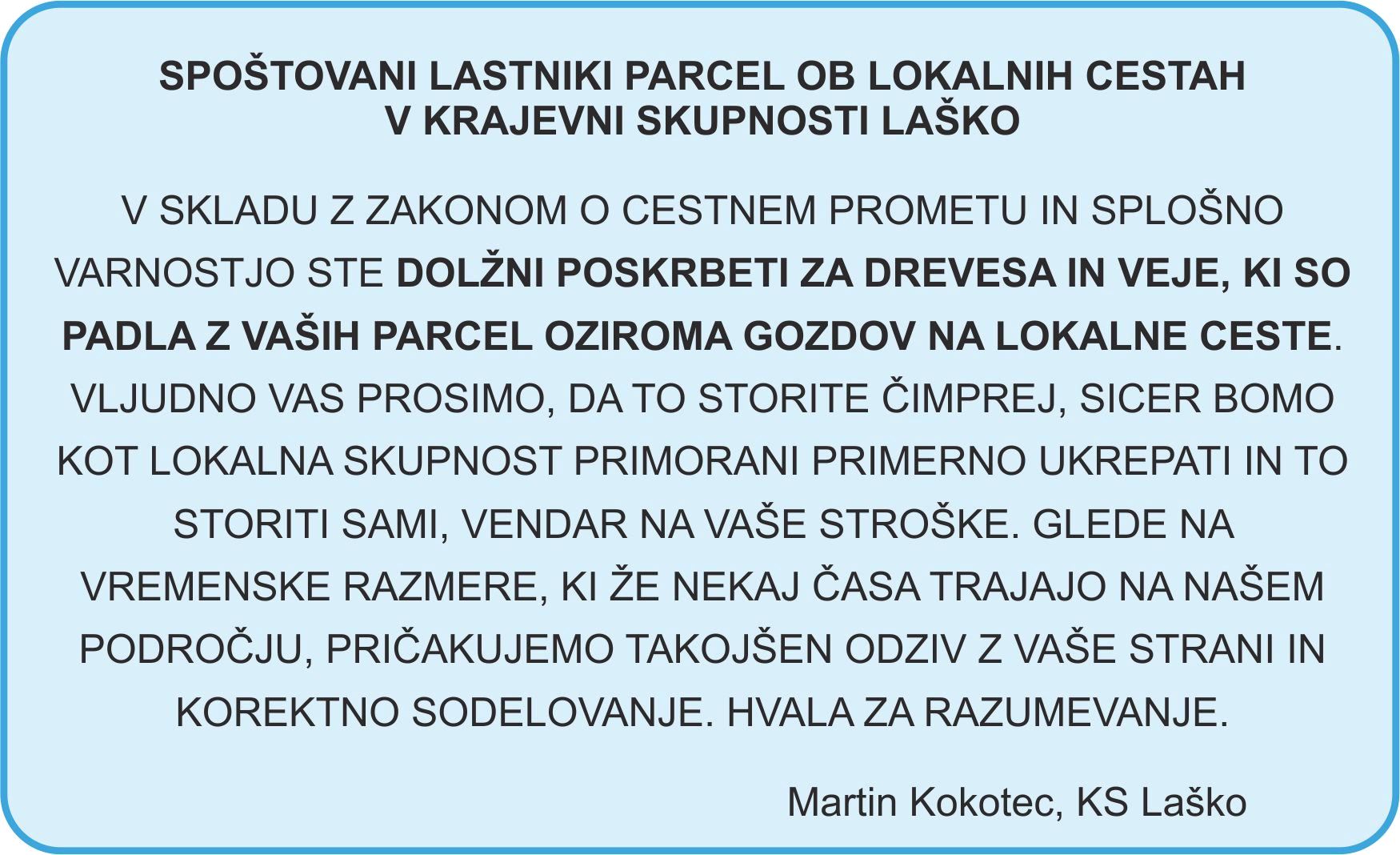 Poziv lastnikom zemljišč za odstarnitev padlih dreves s cestišč